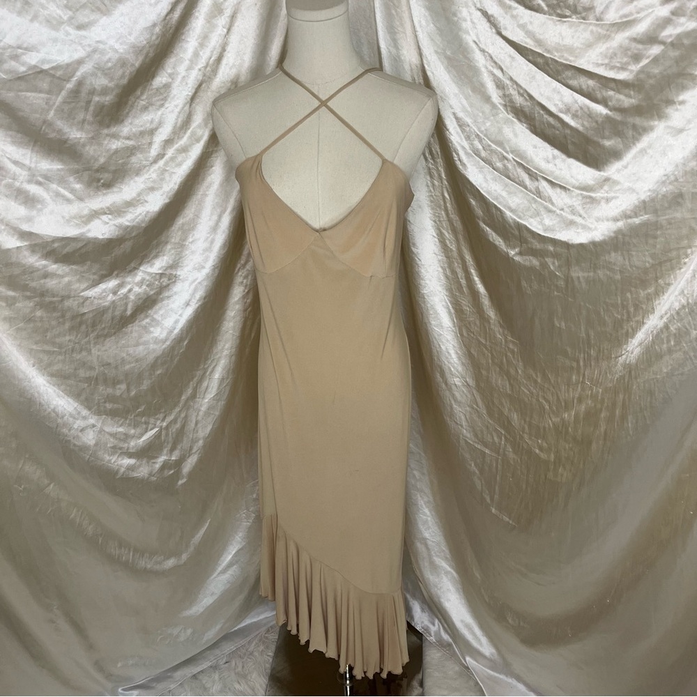 tan asymmetrical bottom dress open back some flaws shown in images